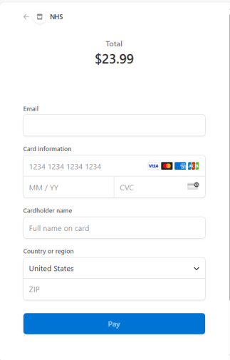 screen where user enters payment information